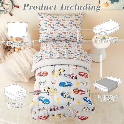 Mooreeke Toddler Bedding Sets for Boys, 4 Pieces Race Cars Printed