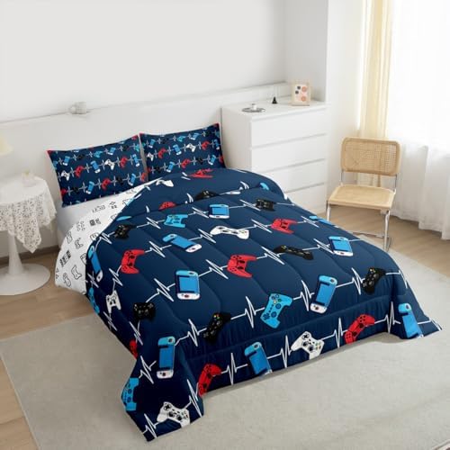 Castle Fairy Red Blue Gamer Comforter Set,Video Game Gamepad Bedding Set for Kids Girls Boys,Teens Adults Controller Comforter,Gaming Quilted Duvet Set Bedroom Collection Twin Size 2Pcs