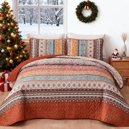 WONGS BEDDING Boho Quilt Queen Size,3 Pcs Bedspread Set, Burnt Orange