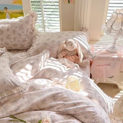 VM VOUGEMARKET Lace Ruffle Duvet Cover Set Twin,Vintage Garden Floral Bedding Set,Double-Layer Gauze Cotton Soft,Breathable & Lightweight for Teen Girls-68 x86