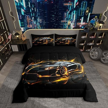 Toddler Race Car Bed for Boys Queen Size,Racing Sport Kids Comforter Bedding Set for Boys Girl,Cool Yellow Black Speed Racing Sports Car Comforter Set,Futuristic Racetrack Extreme Sports Bedding Sets