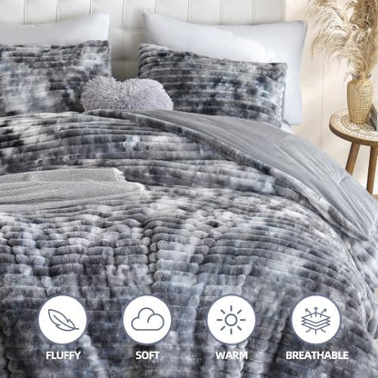 Smoofy Fluffy Queen Size Comforter 3 PCS - Tie Dye Black Fleece Bedding Set