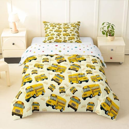 Feelyou Yellow School Bus Comforter Set Twin Size Cartoon Truck Bedding Set for Kids Boys Girls Transport Vehicles Duvet Quilt Bedroom Decor Microfiber 2 Pcs with 1 Pillow Case
