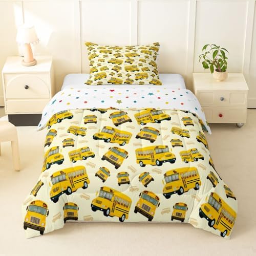 Feelyou Yellow School Bus Comforter Set Toddler Size Cartoon Truck Bedding Set for Kids Boys Girls Transport Vehicles Duvet Quilt Bedroom Decor Microfiber 2 Pcs with 1 Pillow Case