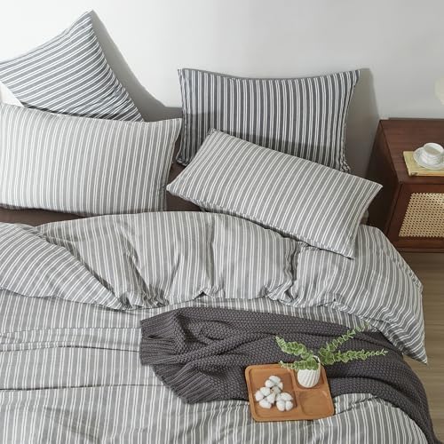 Striped Duvet Cover Set 100% Washed Cotton Linen Feel King