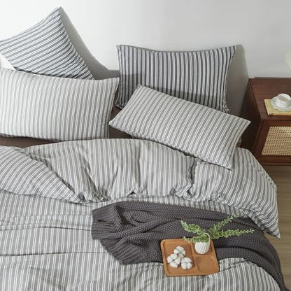 Striped Duvet Cover Set 100% Washed Cotton Linen Feel King