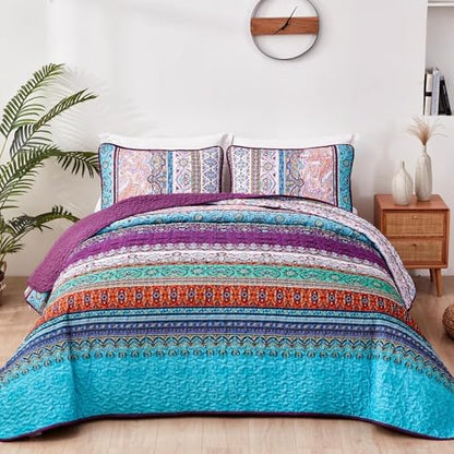 WONGS BEDDING Purple Quilt California King Size, Boho Stripe Bedding Set