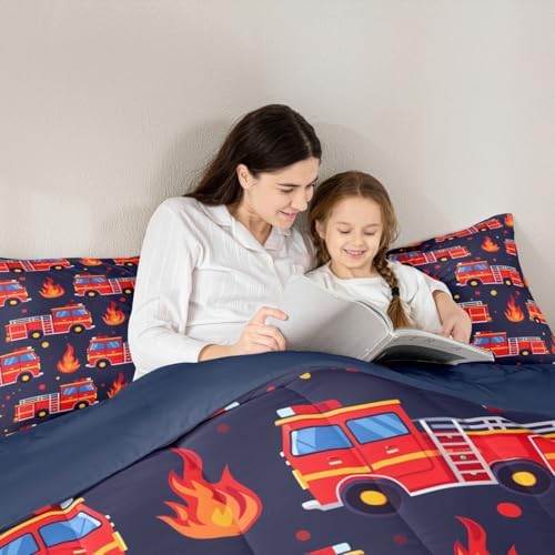 Erosebridal Boys Fire Truck Bedding Set King, Cartoon Red Firemen Car Comforter Set for Kids Teens Men Room Decor, Dark Blue Comforter, Fire Engine Polka Dots Quilt with 2 Pillowcases, 3 Pcs