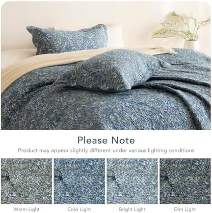 Lady Ann 100% Cotton Queen Quilt, Navy Blue Floral Botanical Pattern Printed Queen Bedding Sets, 3 Pcs Vintage Lightweight Quilted Coverlet Ultra Soft Bedspread Set for All Season