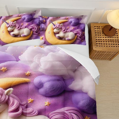 Purple Unicorn Full Bed Sheets and Comforter Set Kids Girls，Galaxy Unicorn Full Bedding Sets for Girls，with 1 Comforter with 2 Pillow Case