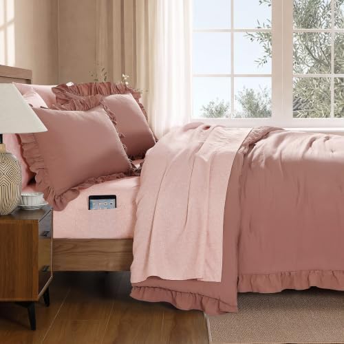 BLOOMHAVEN Queen Comforter Set-7 Pieces Ruffle Bedding with Floral Sheet