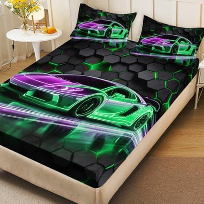 HOSIMA Kids Gaming Race Car Twin Bedding,1 Fitted Sheet+2 Pillowcases.