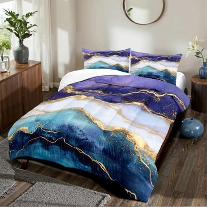 CCoutueChen Marble Comforter Set Queen Size Blue Purple Watercolor Marble Bedding Set 3 Pieces Modern Aesthetic Bedding Women Men Soft Lightweight Comforter for All Season,2 Pillowcases