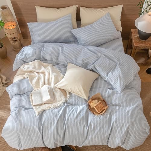 MooMee Striped Duvet Cover Set 100% Washed Cotton Linen Like King