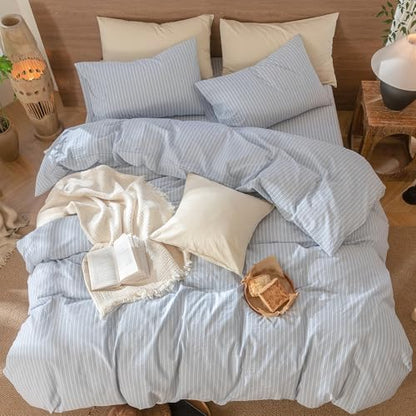 MooMee Striped Duvet Cover Set 100% Washed Cotton Linen Like Twin