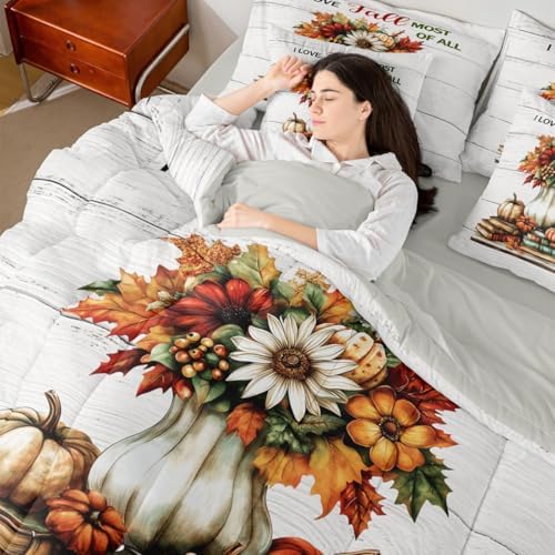Erosebridal Rustic Farmhouse Bed in A Bag with Sheets for Kids Boys Girls Adults Fall Harvest Pumpkin Print Bedding Set Maple Leaf Book Print King Comforter Set 7 Piece Autumn Retro Bed Set
