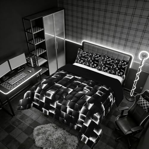 Erosebridal Geometric Checkered Comforter Toddler Size Neon Black White Comforter Set for Kids Teen Men Gamer Room Decor,Abstract Ombre Plaid Bedding Set Grids Quilt Duvet