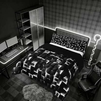 Erosebridal Geometric Checkered Comforter Toddler Size Neon Black White Comforter Set for Kids Teen Men Gamer Room Decor,Abstract Ombre Plaid Bedding Set Grids Quilt Duvet