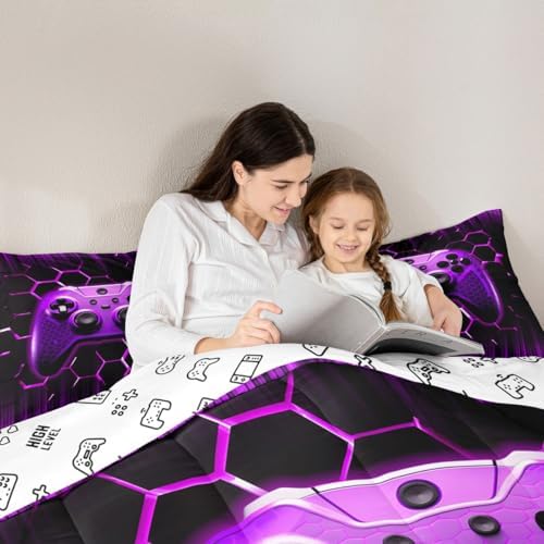 Manfei Geometric Gamepad Comforter Set Twin Size, Modern Gamer Bedding Set 2pcs for Kids Boy Girls Game Room Decor, Purple Honeycomb Gaming Down Comforter Videogame Quilt Set with 1 Pillowcase