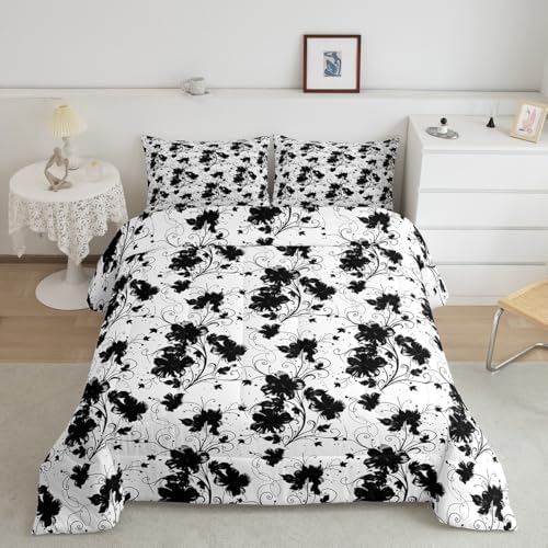 jejeloiu Black Flower Comforter Set Queen Size Kids Floral Bedding Set for Boys Girls Teens Botanical Duvet Breathable Minimalist Aesthetics Quilt Bedroom Decor,1 Comforter with 2 Pillowcase