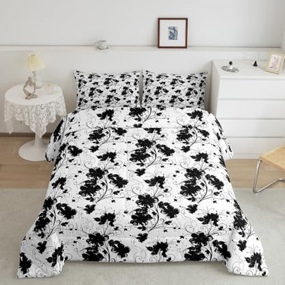jejeloiu Black Flower Comforter Set Queen Size Kids Floral Bedding Set for Boys Girls Teens Botanical Duvet Breathable Minimalist Aesthetics Quilt Bedroom Decor,1 Comforter with 2 Pillowcase