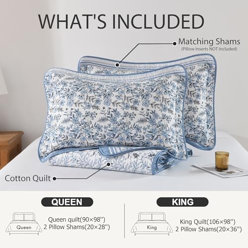 Queen Size Quilt Set - Blue and White Quilt - 100% Cotton Floral Bedspread