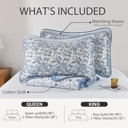 Queen Size Quilt Set - Blue and White Quilt - 100% Cotton Floral Bedspread