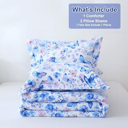 Mooreeke Floral Queen Size Comforter Sets, Violet Butterfly and Flower Patterned Bedding for All Seasons, 3-Piece Vintage Bed in a Bag with Fluffy Quilted Reversible Comforter & 2 Pillow Shams