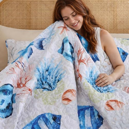 weigelia Coastal Quilt Bedding Set King Size, Nautical Summer Bedspread