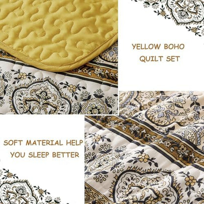 WONGS BEDDING Boho King Quilt Bedding Set, 3 Pieces Bedspread,Yellow Orange