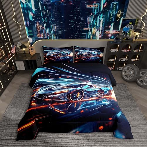 Boys Race Car Toddler Size Bedding Set,Cool Race Sports Car Set Comforter Set for Kids Boys,Teal Blue Racing Cars Bed for Boy,Glitter Stripes Cool Sports Cars Bedding Comforter Set,Soft Lightweight