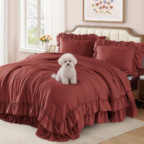 Queen Comforter Set Syrah Red Ruffle 7 Pieces Farmhouse Bed in a Bag