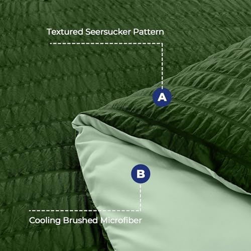HYMOKEGE Dark Green/Sage Green King Size Comforter Set Seersucker 7 Pieces, All Season Luxury Bed in a Bag for Bedroom, Bedding Set with Comforter, Sheets, Pillowcases & Shams
