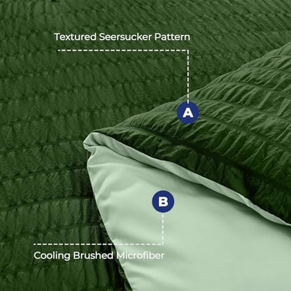 HYMOKEGE Dark Green/Sage Green King Size Comforter Set Seersucker 7 Pieces, All Season Luxury Bed in a Bag for Bedroom, Bedding Set with Comforter, Sheets, Pillowcases & Shams