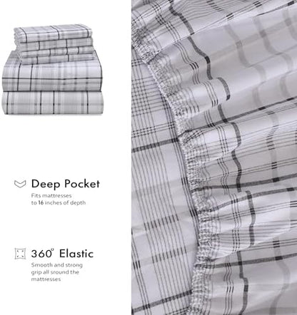 RUVANTI 100% Cotton Percale King Sheets, King Size Sheets Set, Open Check