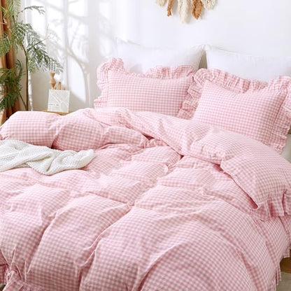 ATsense Pink Gingham Ruffle Duvet Cover Set Cotton Like Linen, King