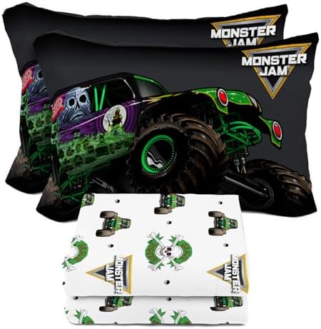 Sunny Side Up Monster Jam Grave Digger Full Sheet Set - 4 Piece Kids Bedding Set Includes Pillow Cover - Super Soft Microfiber Sheets