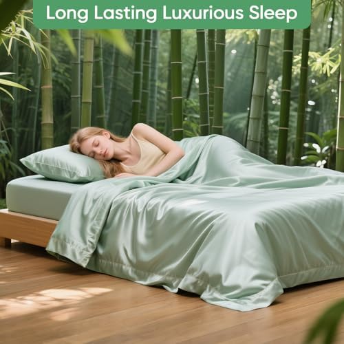 Luxury Organic Tencel & Viscose from Bamboo Cooling Sheet Set,Silky Soft Lyocell Sheets with Deep Pocket, Hypoallergenic & Breathable Bedding with Pillowcases (Mineral, Full)