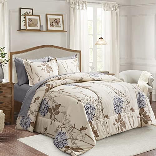 Joyreap 6 Piece Bed in a Bag Twin, Elegant Flower Botanical Smooth Soft Microfiber Floral Comforter Set for All Season (1 Comforter, 2 Pillow Shams, 1 Flat Sheet, 1 Fitted Sheet, 1 Pillowcase)