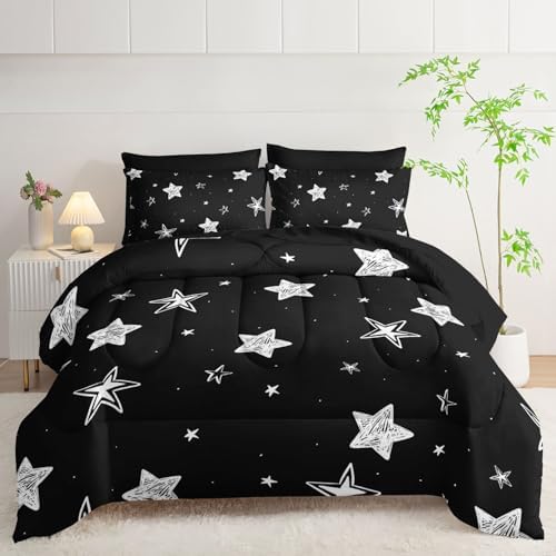 7Pcs Starry Comforter Set Black White Stars Printed Bedding Set with 1 Comforter, 1 Flat Sheet, 1 Fitted Sheet and 4 Pillowcases for Boys and Girls Bedroom All Season(Stars-3 Queen