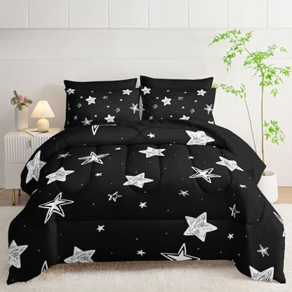 7Pcs Starry Comforter Set Black White Stars Printed Bedding Set with 1 Comforter, 1 Flat Sheet, 1 Fitted Sheet and 4 Pillowcases for Boys and Girls Bedroom All Season(Stars-3 Queen
