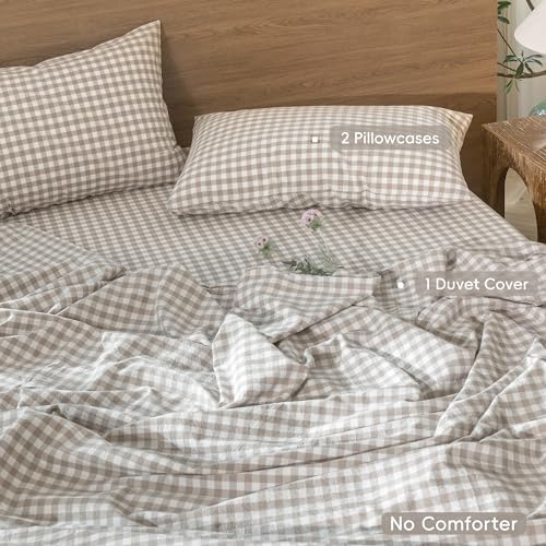 MooMee Gingham Duvet Cover Set 100% Washed Cotton Linen Like