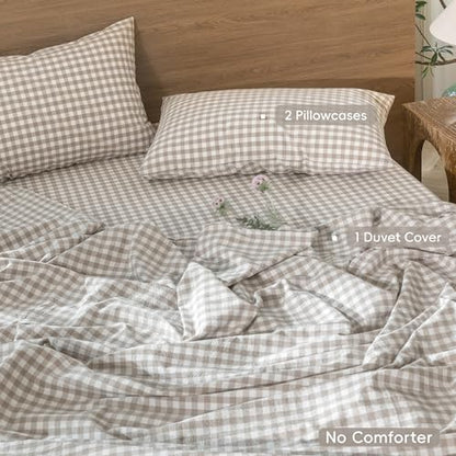 MooMee Gingham Duvet Cover Set 100% Washed Cotton Linen Like