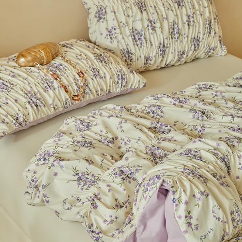 VM VOUGEMARKET Shirred Duvet Cover Set Twin,Vintage Purple Floral