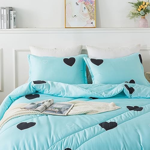 Caressma Blue Comforter Set Twin Size Black Heart 2pcs with Pillowsham