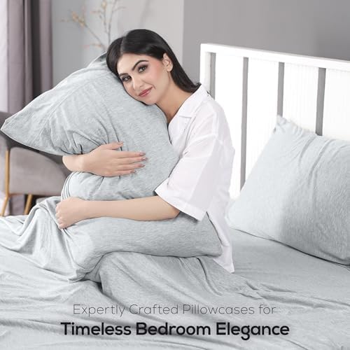 Jersey Knit Sheets 4 Piece, Cotton T-Shirt Feel, Queen, Heather Light Grey