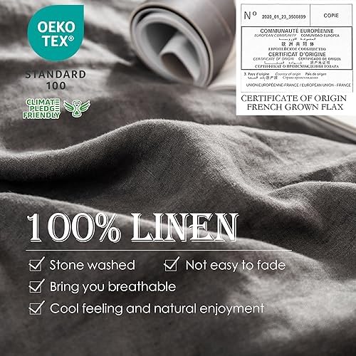 Simple&Opulence 100% Linen Duvet Cover Set 3pcs Basic Style Natural French Washed Flax Solid Color Soft Breathable Farmhouse Bedding with Button Closure - Dark Grey, Full