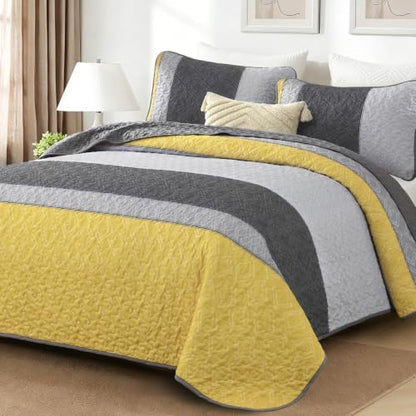 Cottolester Boho King Size Quilt Set,Yellow Grey Striped Bedsperad Coverlet