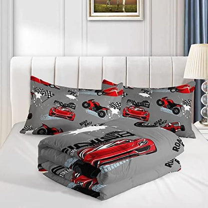 Axolotl Kid Comforter Set Twin Size,Racing Car Bedding Set for Boys Girls Teen Kids Children Racing Gifts,Race Cars Quilt Bed Set with 1 Comforter 2 Pillowcases,Red Grey