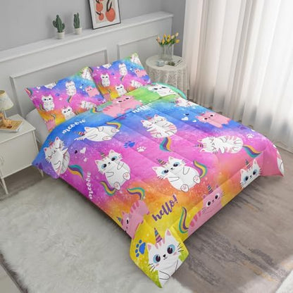 Axolotl Cat Bedding Comforter Set King,Cartoon Cat Bedding,Rainbow Gradient Printed Kids Bedding Set for Girls Adults Teens,Cute Kids Comforter All Season,1 Quilt 2 Pillow Cases,Colorful Pink Blue